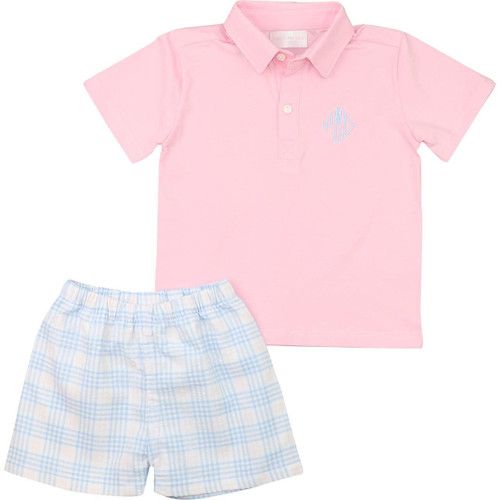 Blue And Pink Seersucker Plaid Polo Short Set | Cecil and Lou