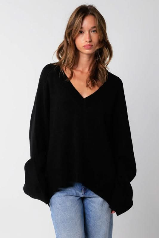 Black Oversized V-Neck Slouchy Sweater Top | Boho Pink | Boho Pink