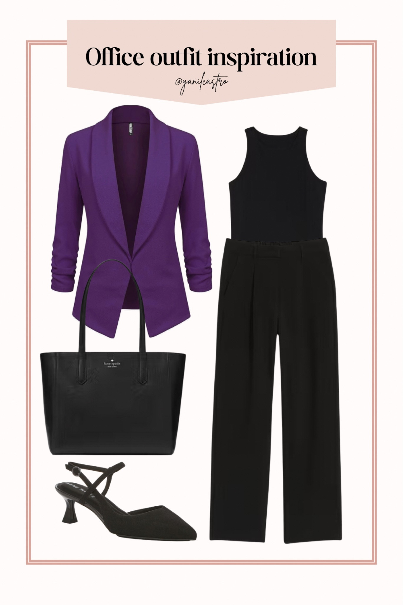 Workwear office outfit inspiration 

Black bodysuit, black office trousers, Kate Spade Tote, black pumps, purple jacket 

#LTKfindsunder50 #LTKfindsunder100 #LTKstyletip