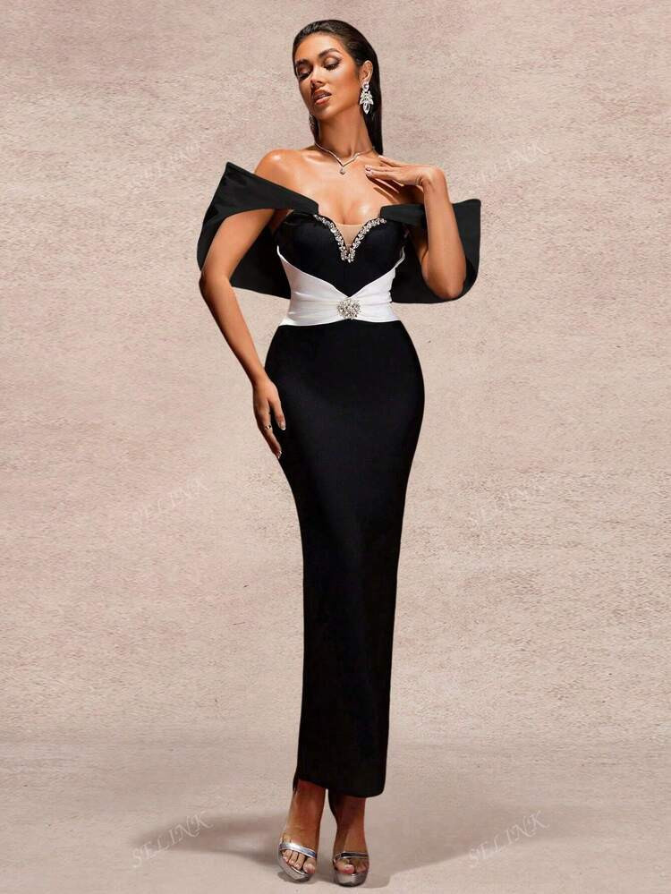 Plus Size Women Off Shoulder Contrast Color Rhinestone Decor Bandage Evening Dress, Elegant And Dignified, Suitable For Autumn/Winter | SHEIN