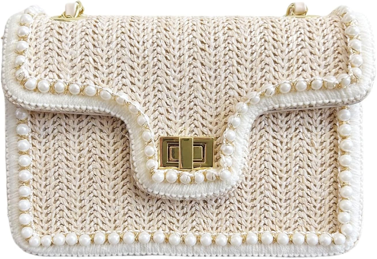 Straw Crossbody Bag for Women, Cute Woven Shoulder Bag with Pearl Trim Small Cross Body Purse Han... | Amazon (US)