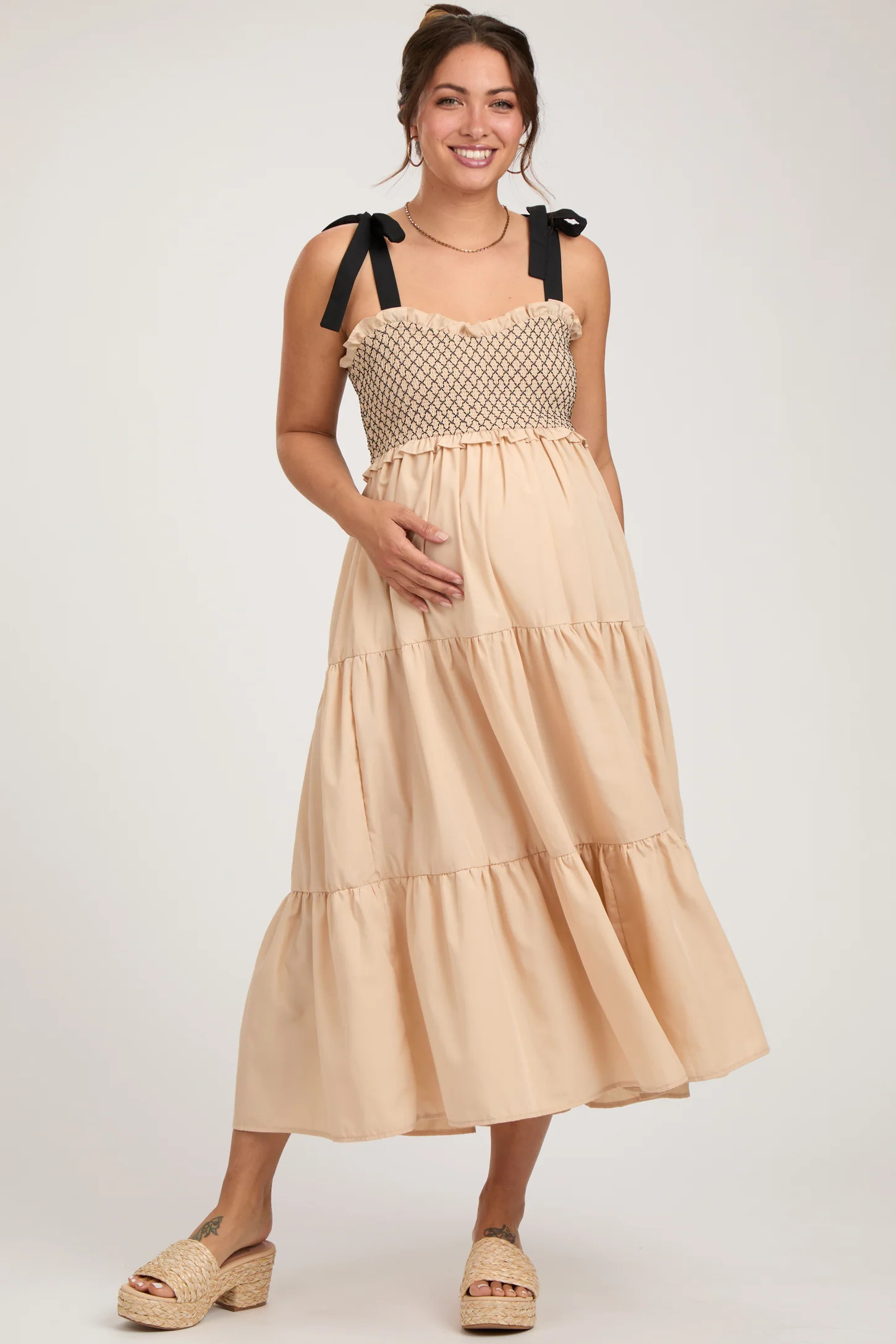 Beige Sleeveless Tiered Colorblock Strap Maternity Maxi Dress | PinkBlush Maternity
