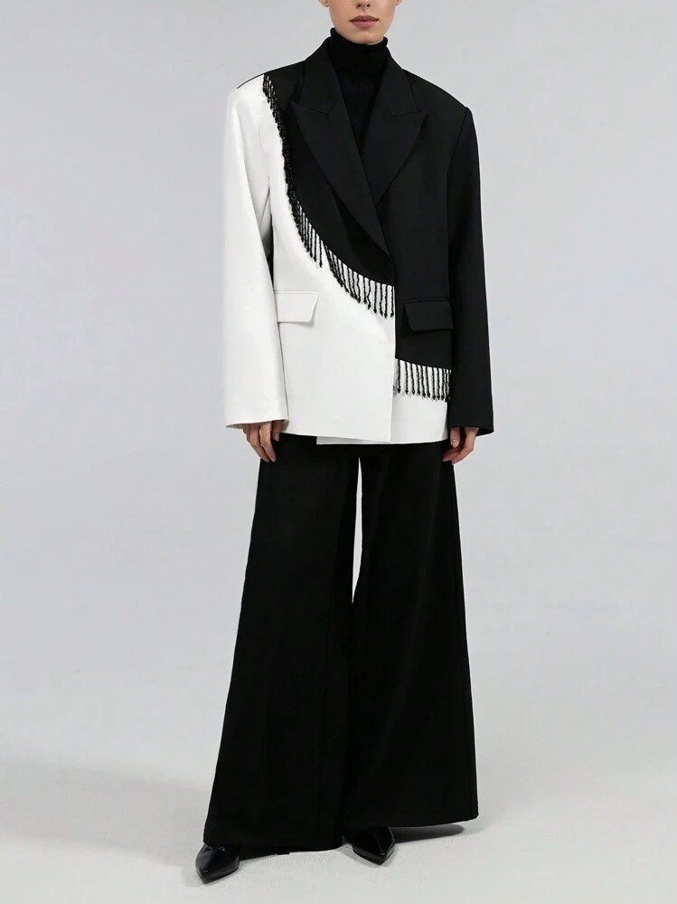 Ontre Women's 2025 Spring New Fashion Valentine's Day Outfit, Contrast Color Tassel Decorated Asymmetrical Split Design Women's Suit Jacket, Black & White Asymmetrical Splice, Pearl Tassel Decor Outer Wear | SHEIN