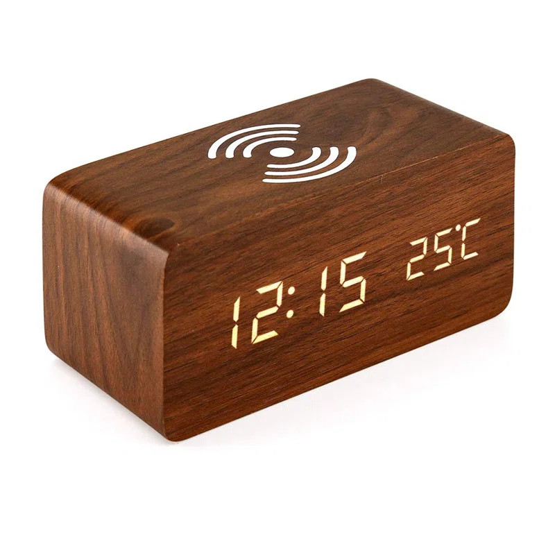 Alarm Clock With For Qi Wireless Charging Pad Compatible With For Iphone Samsung Wood Led Digital... | Wayfair North America