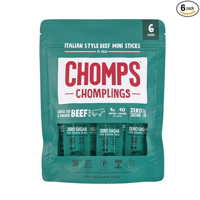 CHOMPS MINI Grass Fed Beef Jerky Meat Snack Sticks 6 count(0.5 Oz), 3 ounce Italian Beef | Amazon (US)