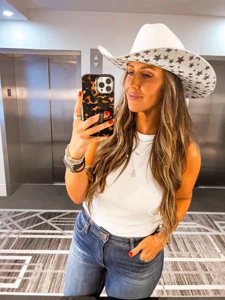 What I wore to Morgan Wallen last year hands-down would re-wear this nearly any day of the week and any next Country concert. I have going on white tang hair, gems, star sparkle hat.

#LTKfindsunder100 #LTKFestival #LTKstyletip