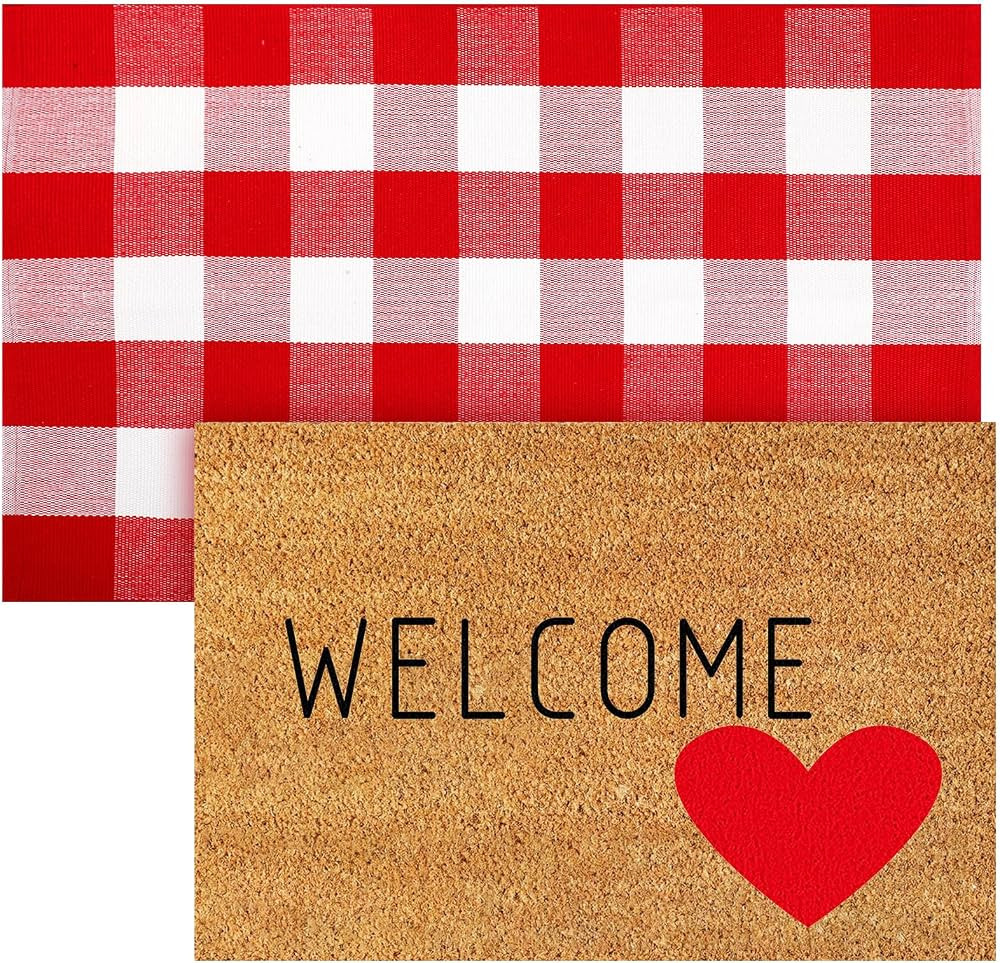 2 Pcs Valentine's Day Coir Welcome Doormat Valentine's Day Rug Outdoor Mat Layered Buffalo Plaid ... | Amazon (US)