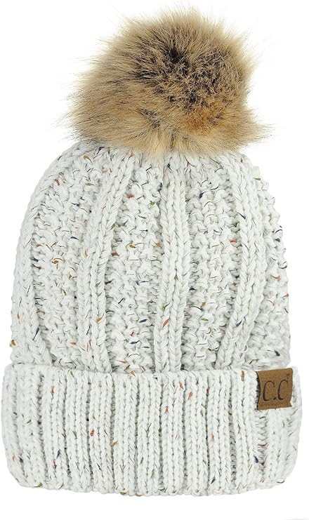 C.C Thick Cable Knit Faux Fuzzy Fur Pom Fleece Lined Skull Cap Cuff Beanie | Amazon (US)