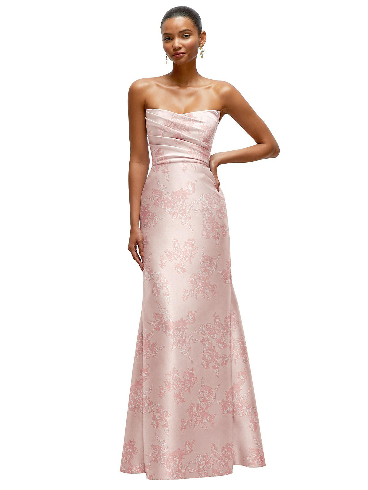 Strapless Cat-Eye Draped Bodice Floral Satin Tumpet Dress in Bow And Blossom Print | The Dessy Group