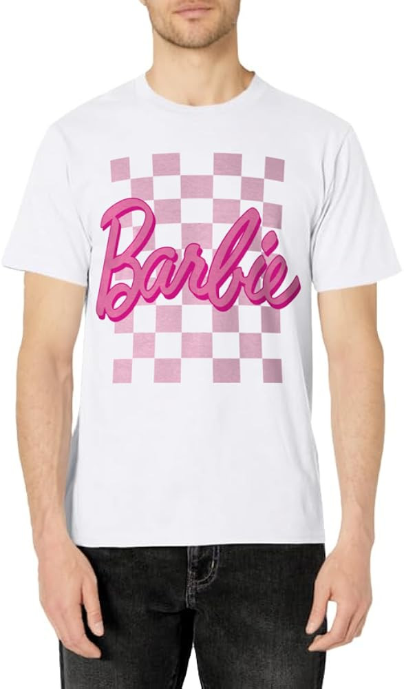 Barbie - Barbie Logo Checkered Background Short Sleeve T-Shirt For Women, Small | Amazon (US)