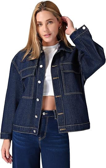 roswear Denim Jacket Coat for Women with Flap Chest Pockets Casual Oversized Jean Jackets | Amazon (US)