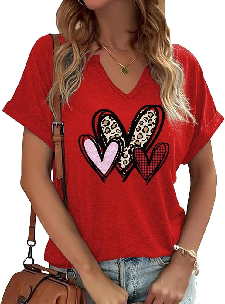 Earlymemb Womens Lover Heart Graphic V Neck Shirt Valentines Funny Couple Matching Casual Short S... | Amazon (US)