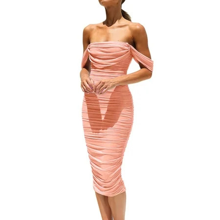 Midi Dresses for Women Women s Summer Off The Shoulder Ruched Bodycon Dresses Sleeveless Sexy Party Club Midi Dress | Walmart (US)