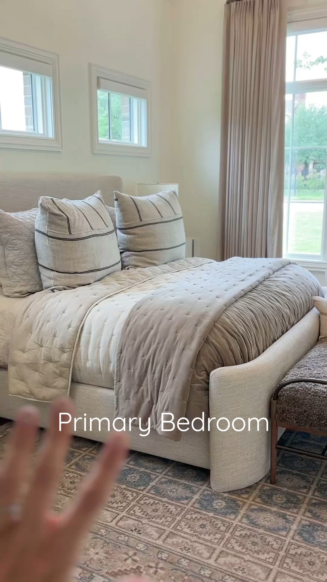 Primary suite / master bedroom details! Includes bedding, pillows, rug, Frame TV, bench for a Classic, organic, neutral bedroom. 

#LTKFamily #LTKHome