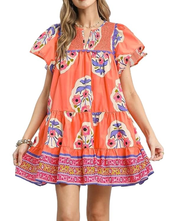 Lordree Women Boho Ruffle Sleeve Mini Dress Summer Trendy Floral Print Short Sleeve V Neck Cute B... | Amazon (US)