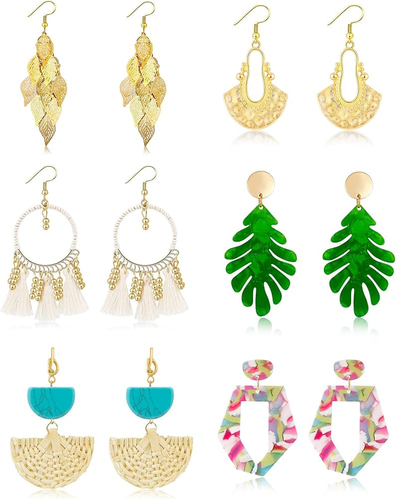Hazms 6 Pairs Pairs Rattan Earrings Tassel Earrings for Women Girls Lightweight Acrylic Geometric... | Amazon (US)