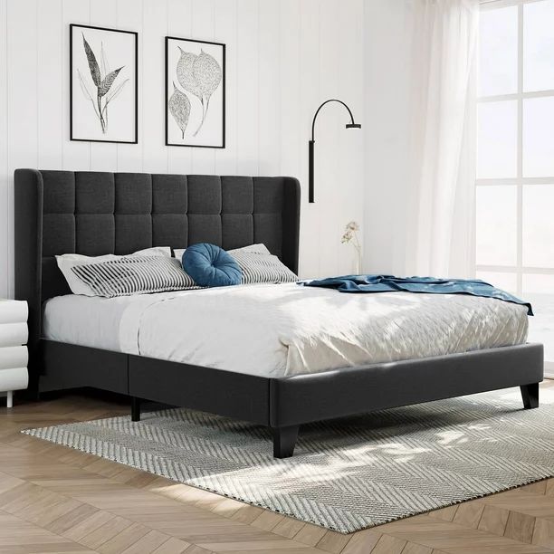 Amolife Queen Size Platform Bed with Wingback Headboard, Square Stitched Style, Dark Grey | Walmart (US)