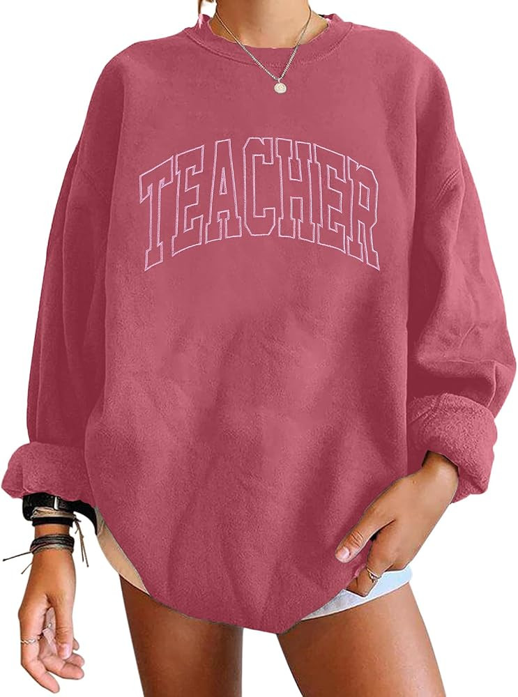 BANGELY Teacher Sweatshirt Women Oversized Retro Teach Crewneck Shirt Embroidery Teacher Life Pul... | Amazon (US)