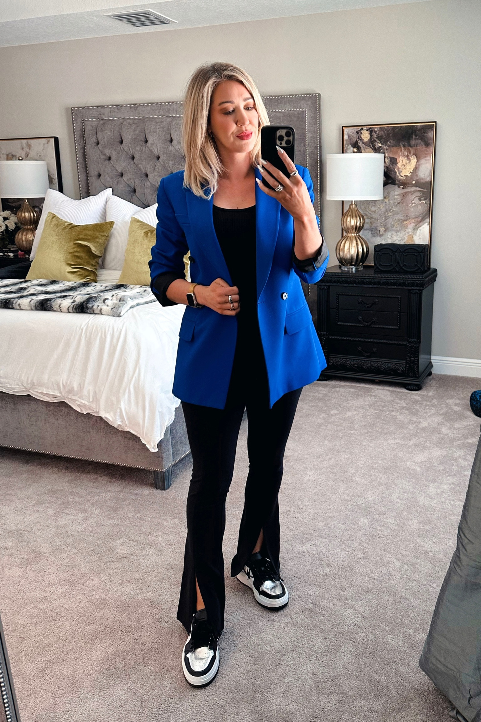 Pants are very stretchy. I sized down to a small and I’m wearing 7/8 length. 

Medium in tank. This tank is a closet staple!!! And fits, feels & looks sooooo much more pricey!!!

Blazer is from Zara about 2 years ago. Any blazer and any color will look great!