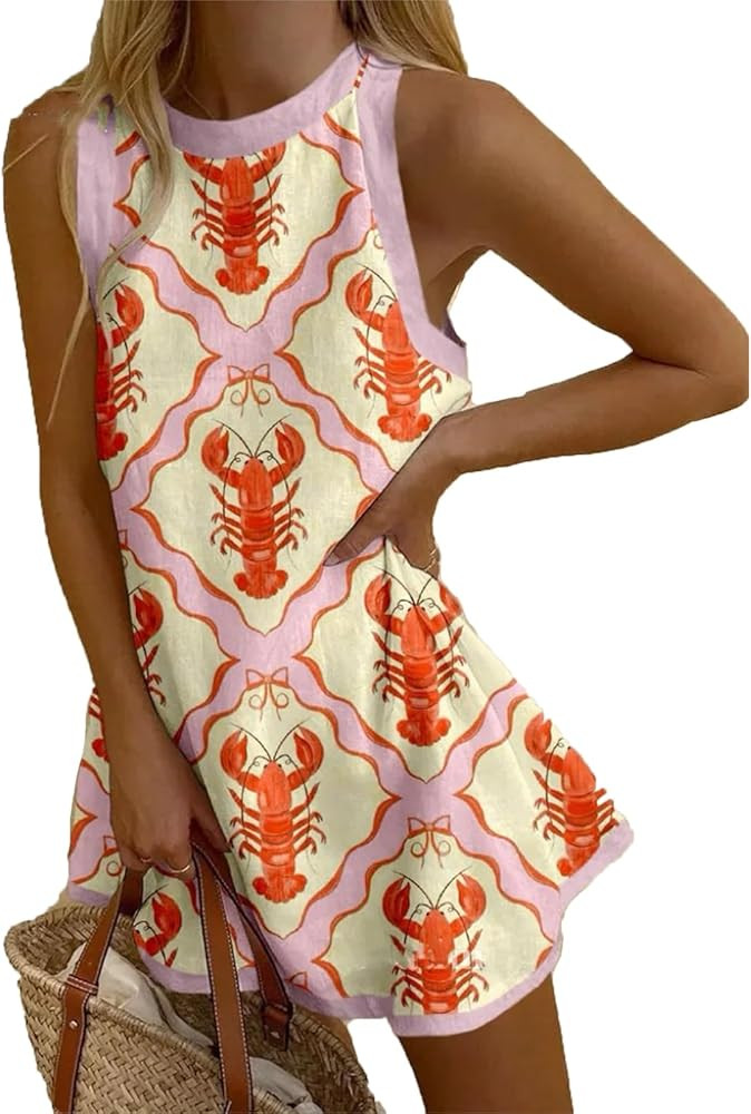 NUFIWI Women Beach Vocation Lobster Fish Tank Mini Dress Y2K Graphic Scalloped Linen Short Sundre... | Amazon (US)