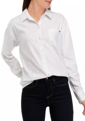 Crown & Ivy Women's Boyfriend Linen Button Down Shirt, White, Small | Belk