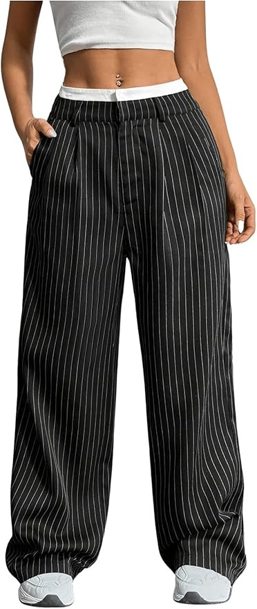 SOLY HUX Women's Striped Pants Color Block High Waisted Wide Leg Casual Work Office Long Trousers | Amazon (US)