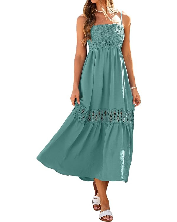 Glamaker Women's Summer Crochet Lace Maxi Dress 2026 Spaghetti Strap Smocked Flowy Beach Vacation... | Amazon (US)