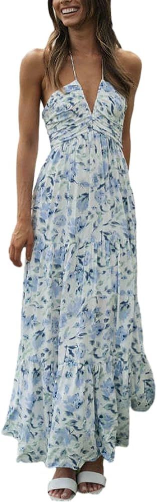 HOULENGS Women's Summer Sleeveless Halter Neck Boho Long Dress Backless Ruffle Hem Tiered Flowy M... | Amazon (US)