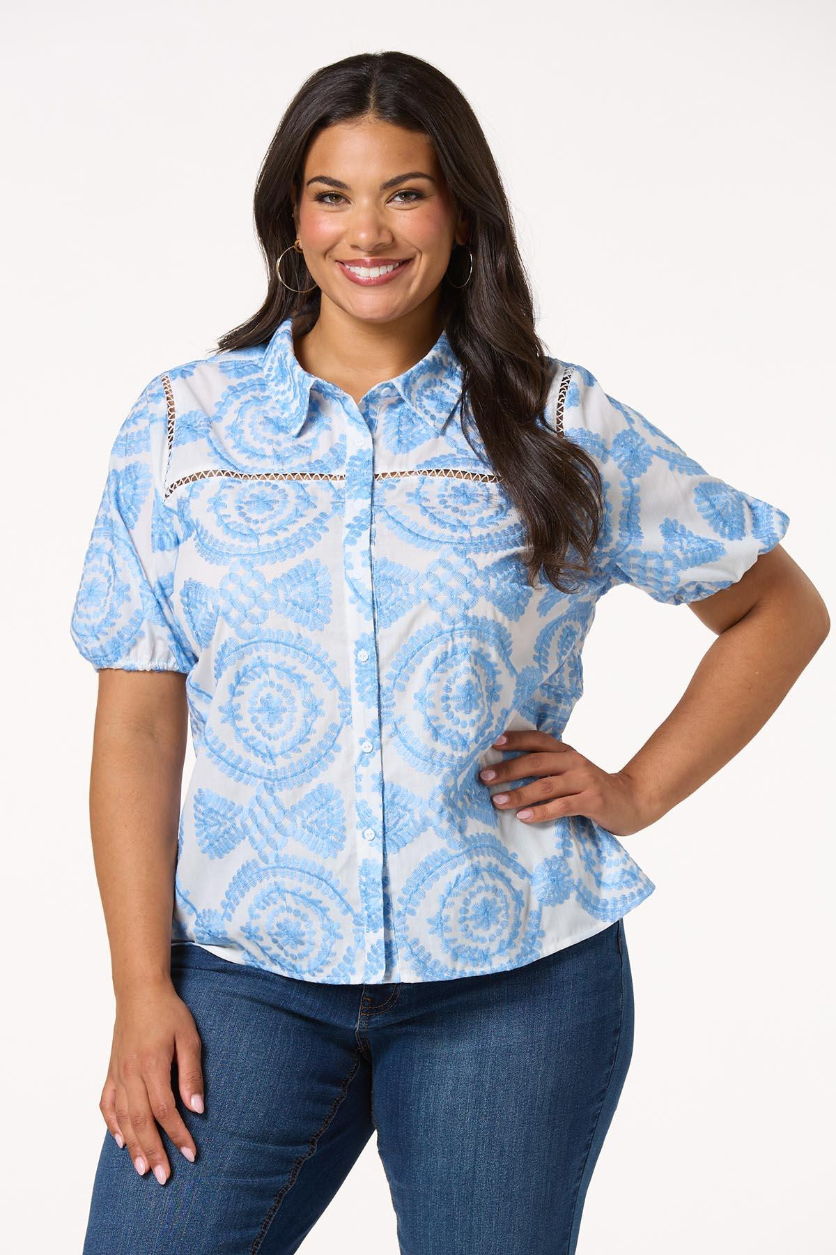 Plus Size Blue Floral Embroidered Shirt | Cato Fashions