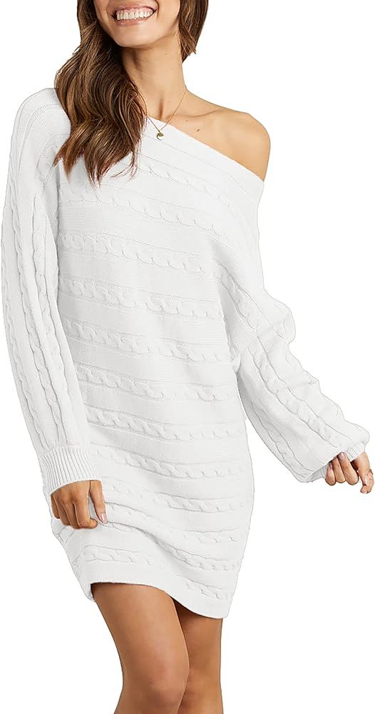 KIRUNDO Women’s 2022 Fall Off Shoulder Sweater Dress Cable Knit Long Sleeve Casual Loose Oversized P | Amazon (US)