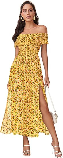 Floerns Women's Boho Floral Print Off Shoulder Split Long A Line Dress | Amazon (US)
