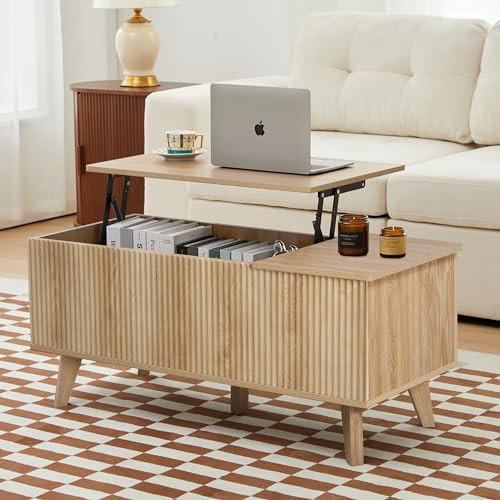 Wooden Fluted Lift Top Coffee Table with Hidden Compartment, Modern Rectangle Center Tables with Adjustable Storage Shelf, Lift Tabletop Dining Table for Home Living Room Office(Natural) | Amazon (US)