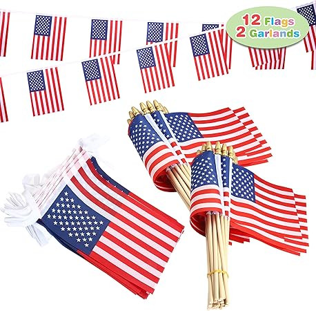 JOYIN 14 Pcs Patriotic Party Supplies of 12 Wooden Stick Handheld American Flag, and 2 Flag Garla... | Amazon (US)