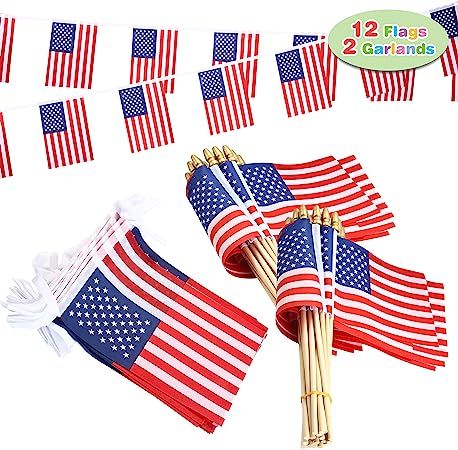 JOYIN 14 Pcs Patriotic Party Supplies of 12 Wooden Stick Handheld American Flag, and 2 Flag Garla... | Amazon (US)