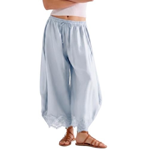 SeeLuNa Comfy Women's Pants Cropped Lace Hem Pants Summer Boho Drawstring High Rise Wide Leg Lounge Trousers with Pockets(Light-Blue,XL) | Amazon (US)