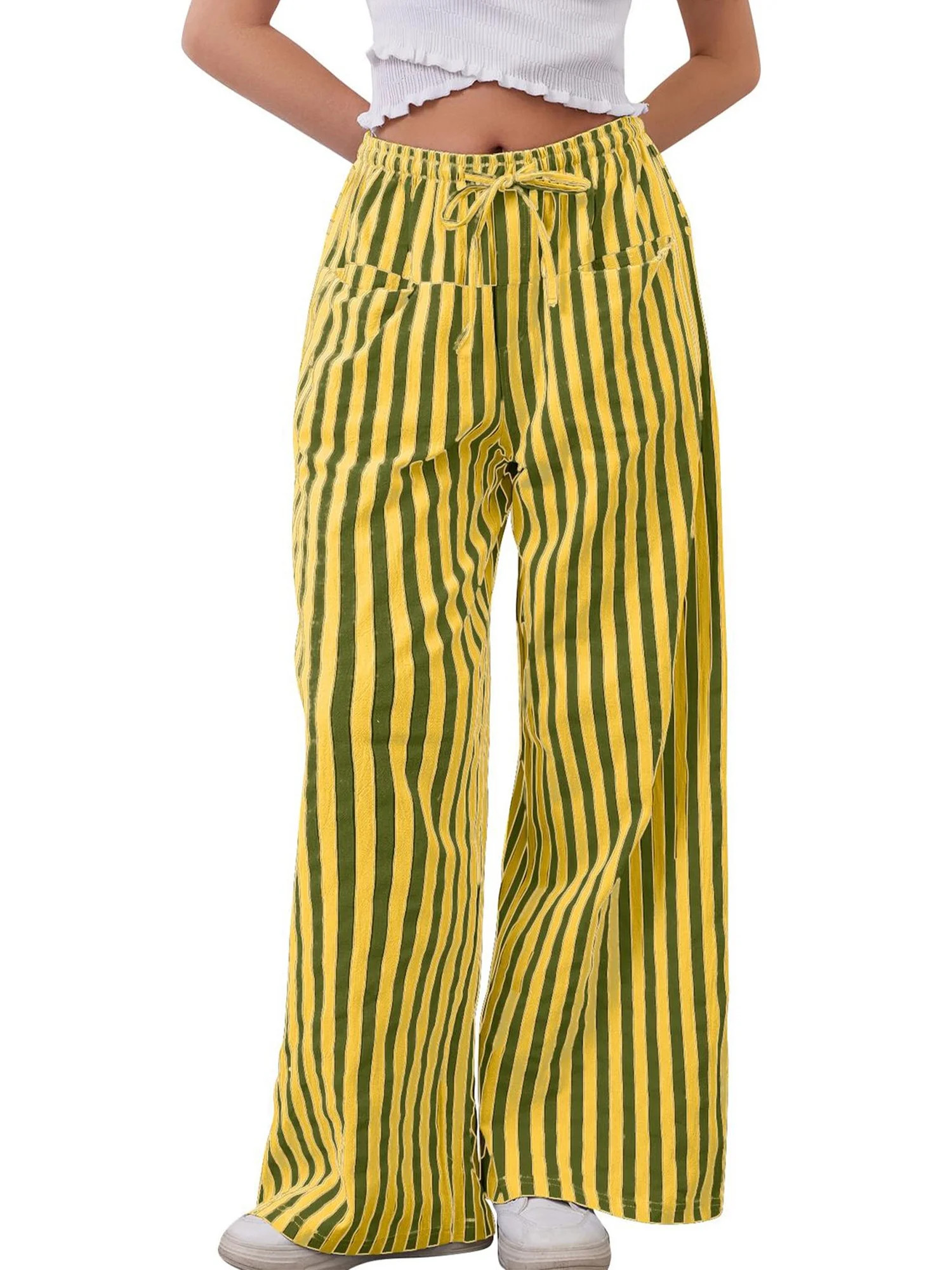 TEMOFON Women gingham Pants Casual Wide Leg Drawstring Striped Lounge Pants Comfy Loose Fit Trous... | Walmart (US)