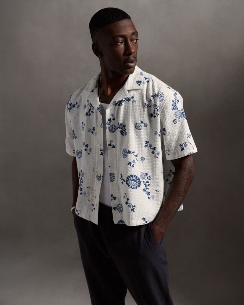 Men's Camp Collar Cropped Textured Shirt | Men's Clearance | Abercrombie.com | Abercrombie & Fitch (US)