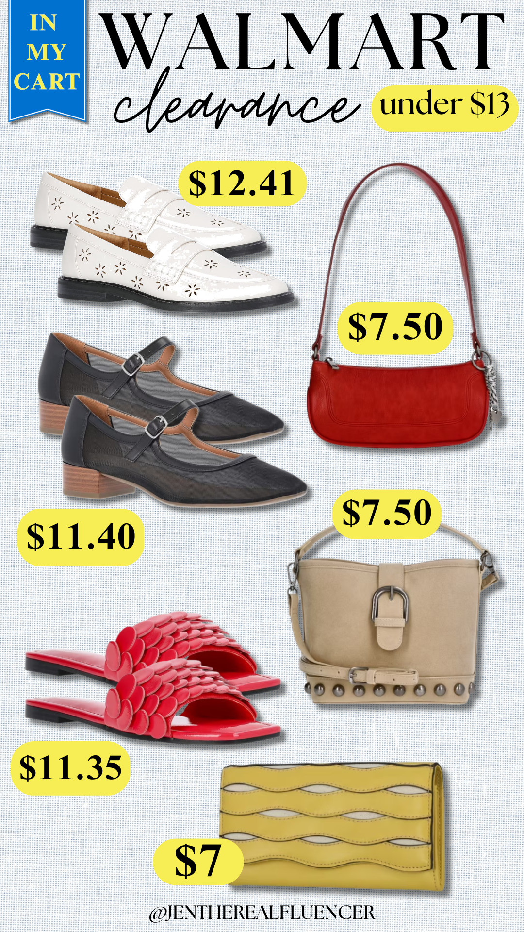 IN MY CART!! Walmart Clearance - UNDER $13! 

FREE ASSEMBLY White Faux Leather Cut Out Loafers, NO BOUNDARIES Carmine Red Faux Leather Moto Shoulder Bag with Bag Charm, FREE ASSEMBLY Black Mesh Block Heel Mary Janes, NO BOUNDARIES Beige Studded Faux Suede Moto Bucket Bag, SCOOP Pink Paillette Slip On Sandals, FREE ASSEMBLY Yellow Avery Cut Out Clutch Wallet 

 #LTKSaleAlert #LTKWorkwear #LTKTravel