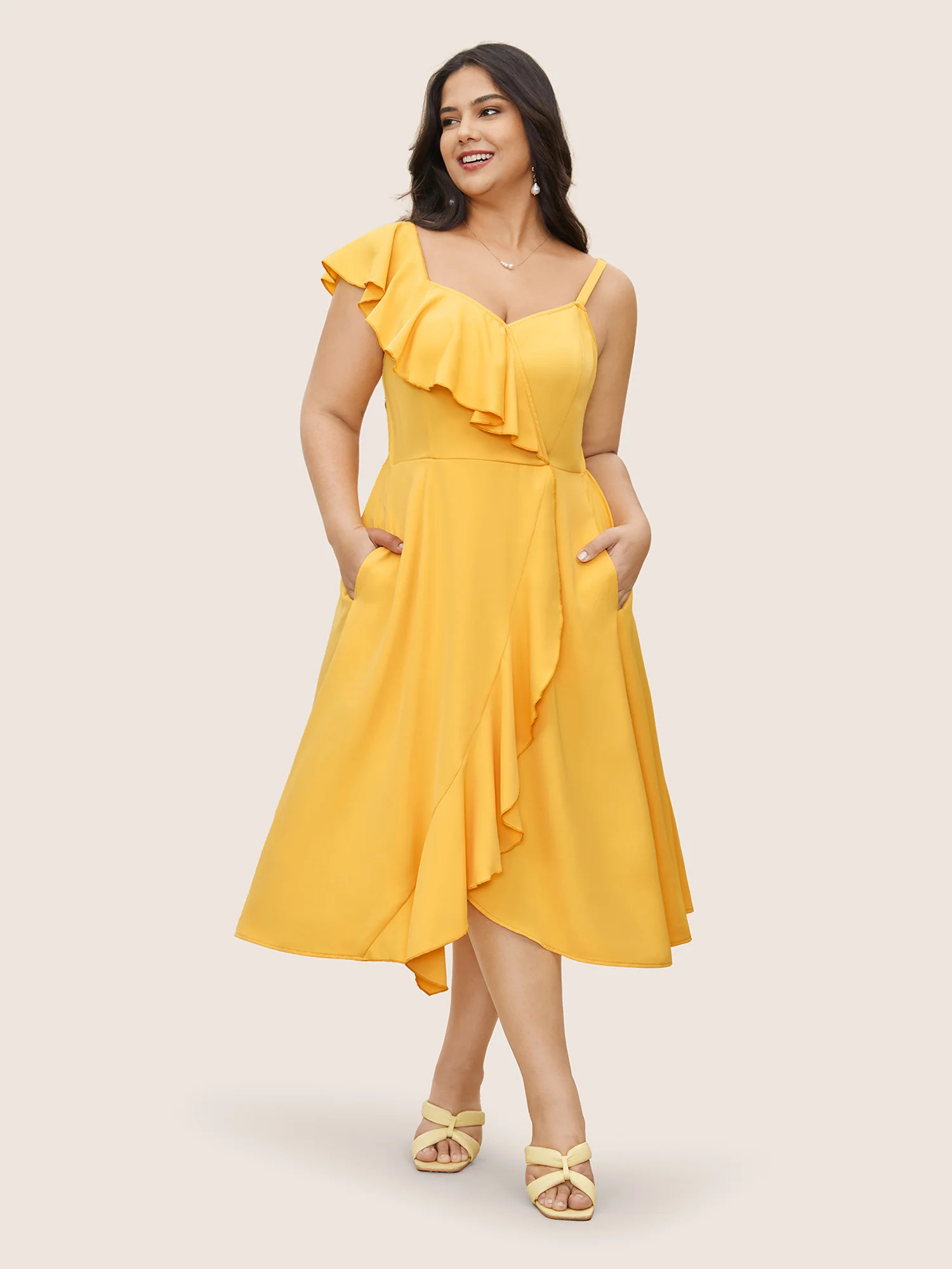 Citrus Solid Ruffle Trim Surplice Neck Dress | Bloomchic