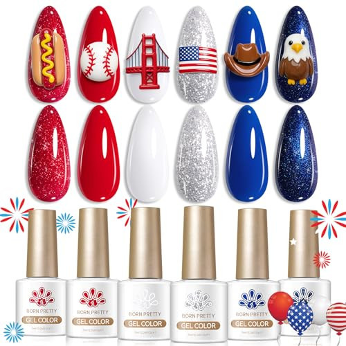 Born Pretty 4th of July Gel Nail Polish Set 6 Colors Navy Blue Red White Sliver Shimmer Glitter Gel Polish Soak Off U v Gel Polish Kit for Salon Manicure and Nail Art DIY at Home | Amazon (US)