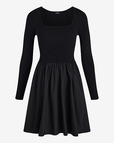 Ribbed Square Neck Poplin Mini Fit And Flare Dress | Express