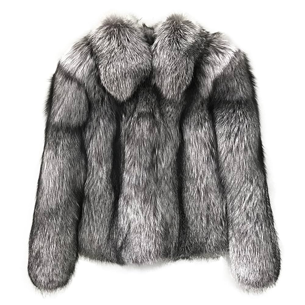 WD-04 Big Fluffy Fur Coat For Women With Real Silver Fox Fur Furry Fur And Long Sleeves And Fur C... | Amazon (US)