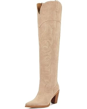 ISNOM Knee High Cowboy Cowgirl Boots for Women, Western Boots with Pull On Tab, Chunky Heel Desig... | Amazon (US)