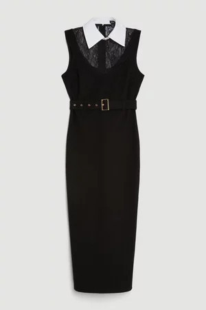 Lace Ponte Cotton Mix Jersey Midi Dress | Karen Millen UK + IE + DE + NL