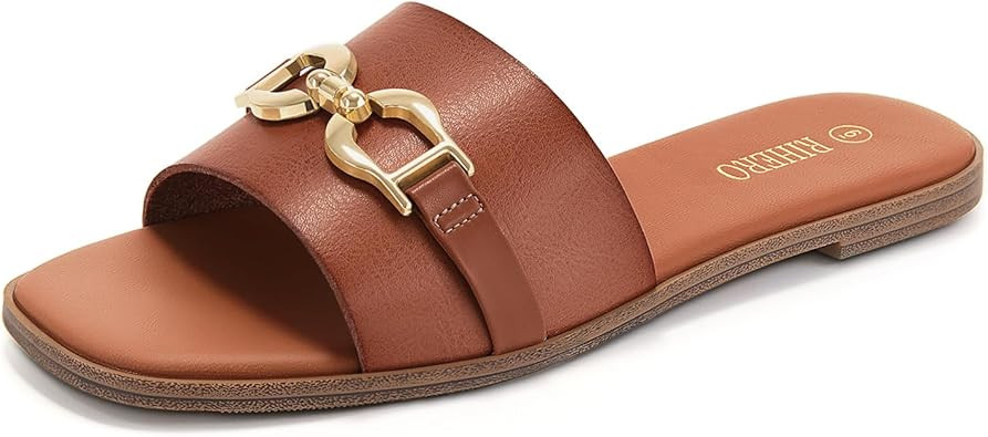 Rihero Women's Flat Sandals Summer Comfortable Square Open Toe Slip On Leather Slide Sandals | Amazon (US)