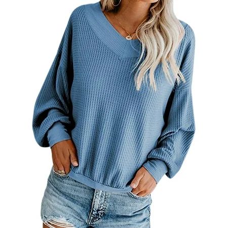 HIMONE Off Shoulder Blouse Pullover for Womens Top Sweater Waffle Knit Solid V Neck Long Sleeve Shir | Walmart (US)