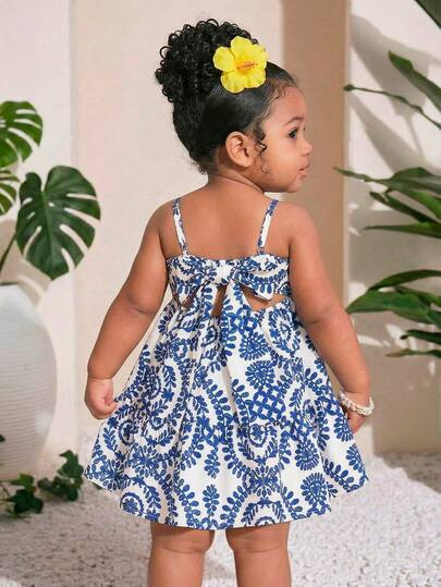 SHEIN Baby Girl Ditsy Floral Woven Spaghetti Strap Dress Blue Sundress For Toddler Toddler Sundre... | SHEIN