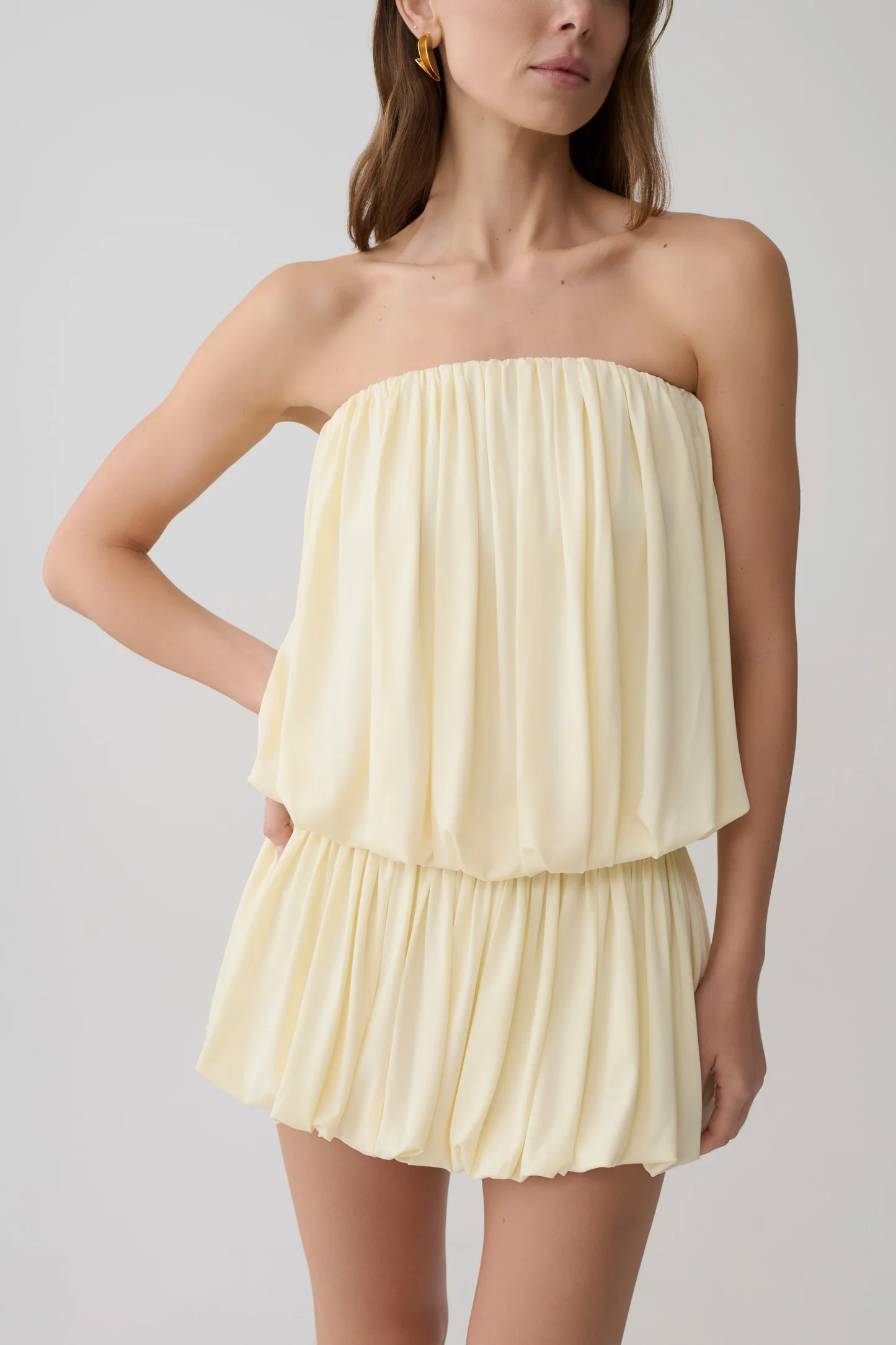 Safiya Strapless Gathered Bubble Mini Dress - Lemon | MESHKI US