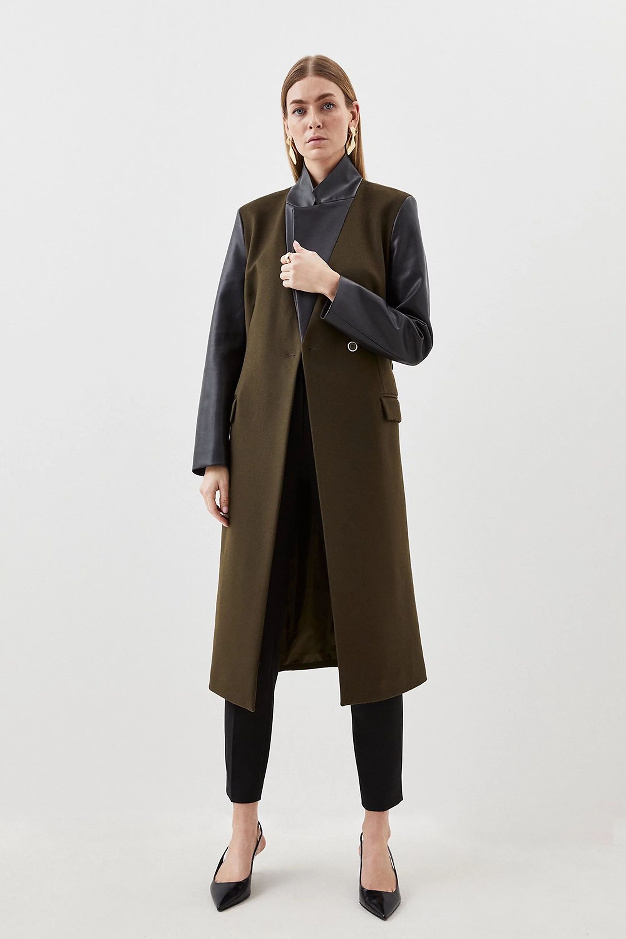 Italian Manteco Wool Pu Contrast Detail Belted Coat | Karen Millen UK + IE + DE + NL