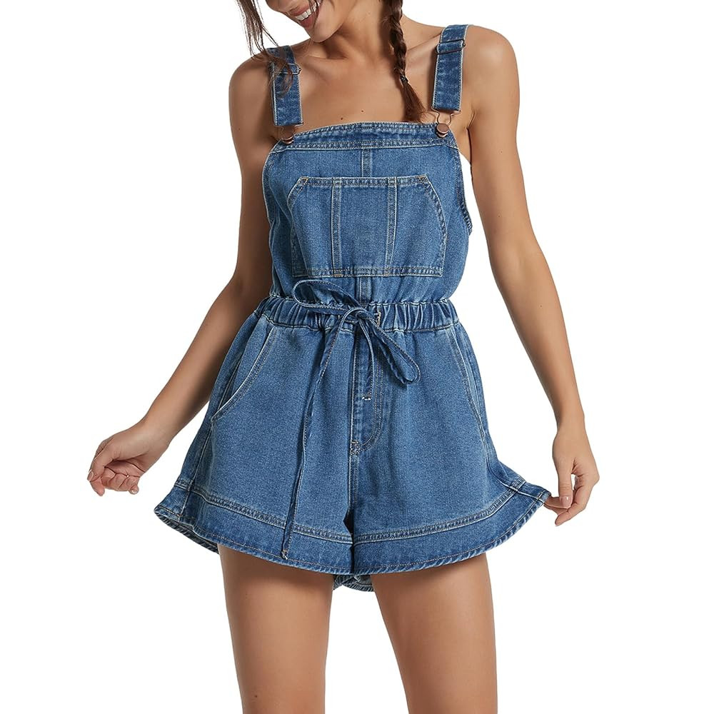 Women's Sleeveless Denim Romper Shorts Ruffle Hem Adjustable Strap Casual Jean Jumpsuits One Piec... | Amazon (US)